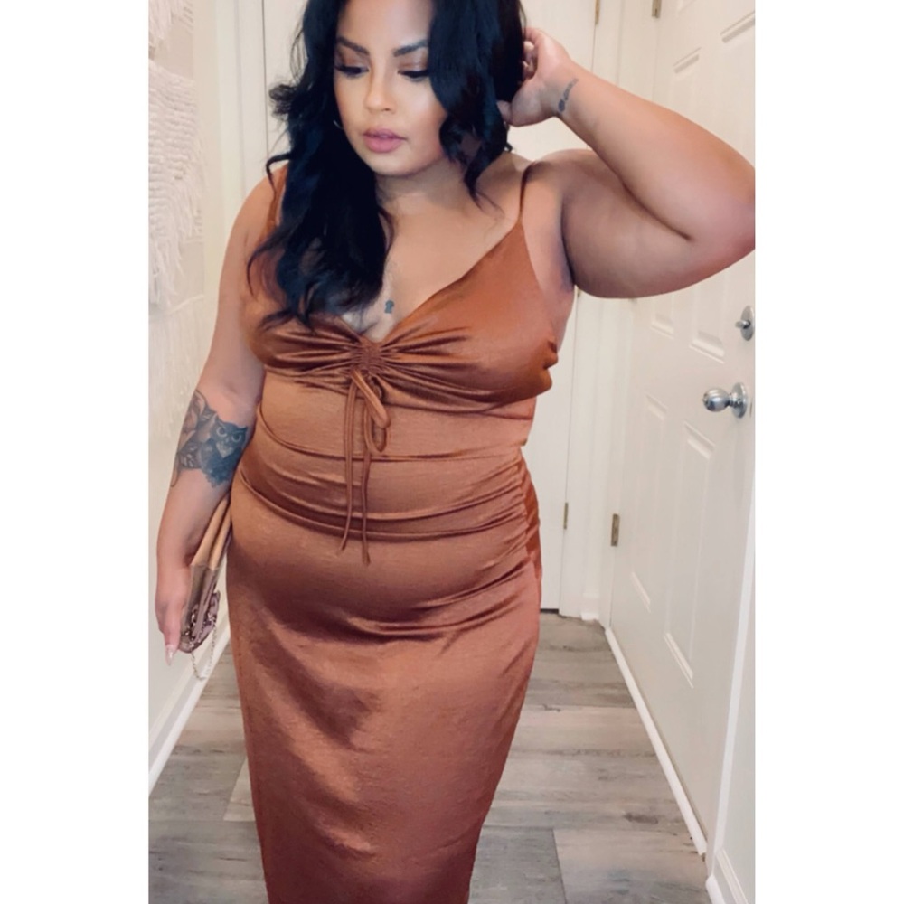 Tie Bust Brown Satin Dress